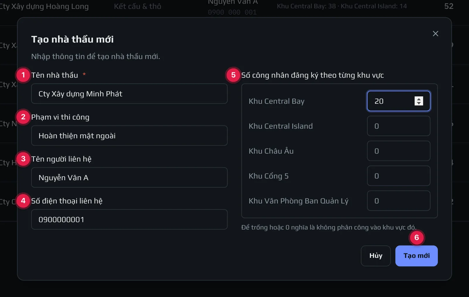 Popup tạo nhà thầu