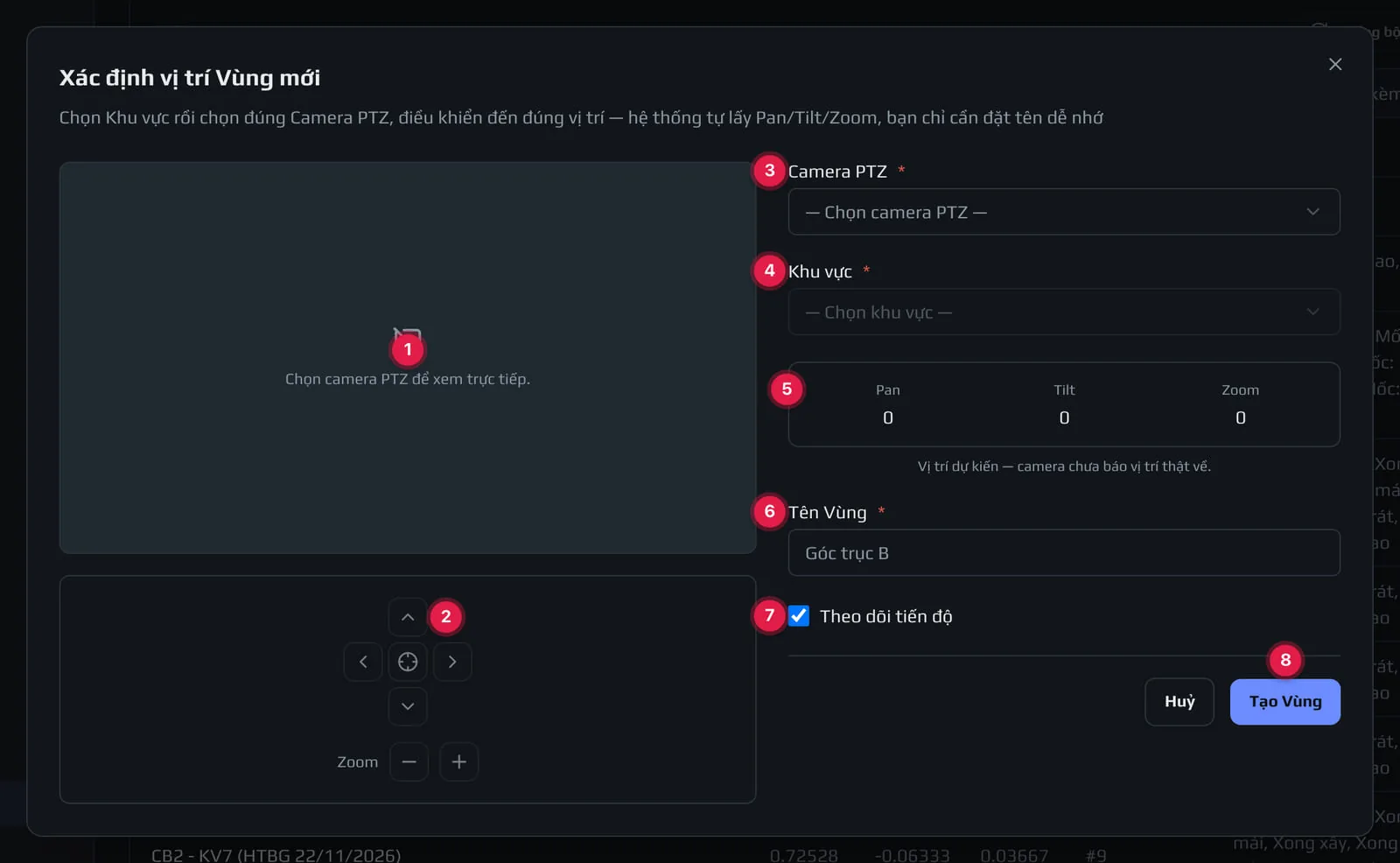 Popup tạo Vùng
