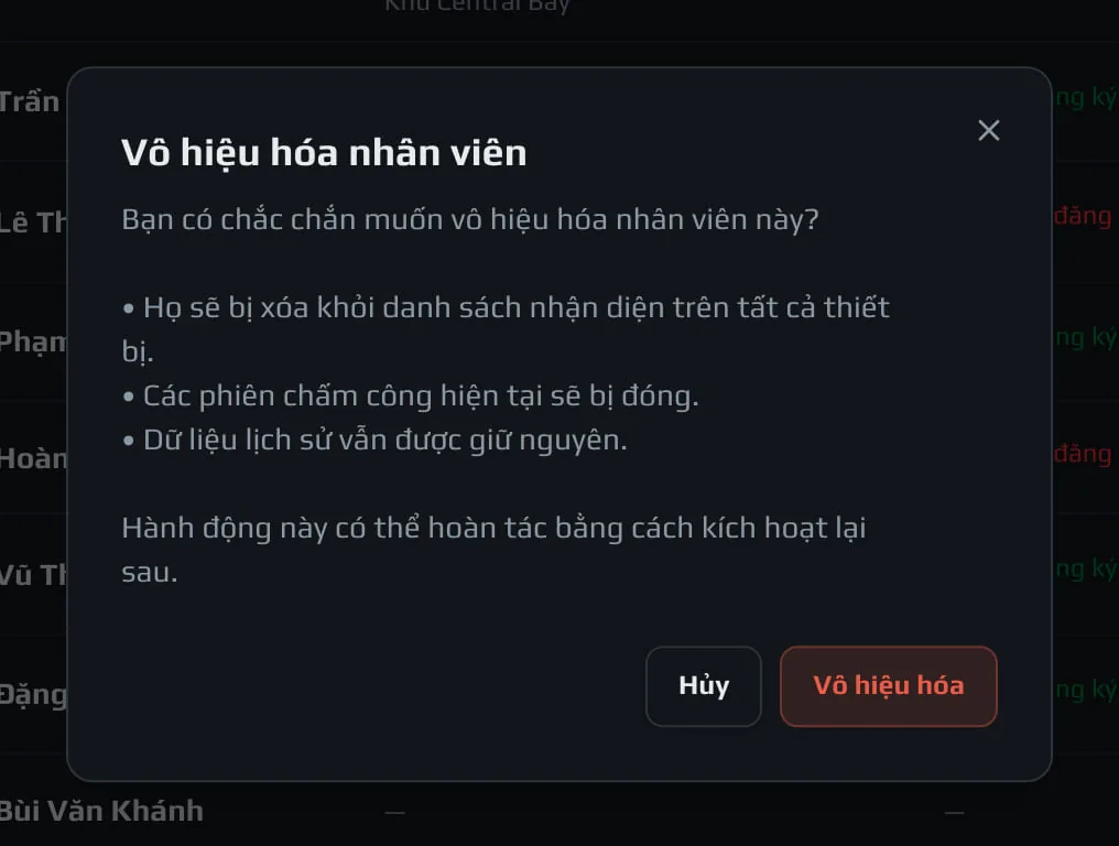 Xác nhận vô hiệu hoá nhân viên