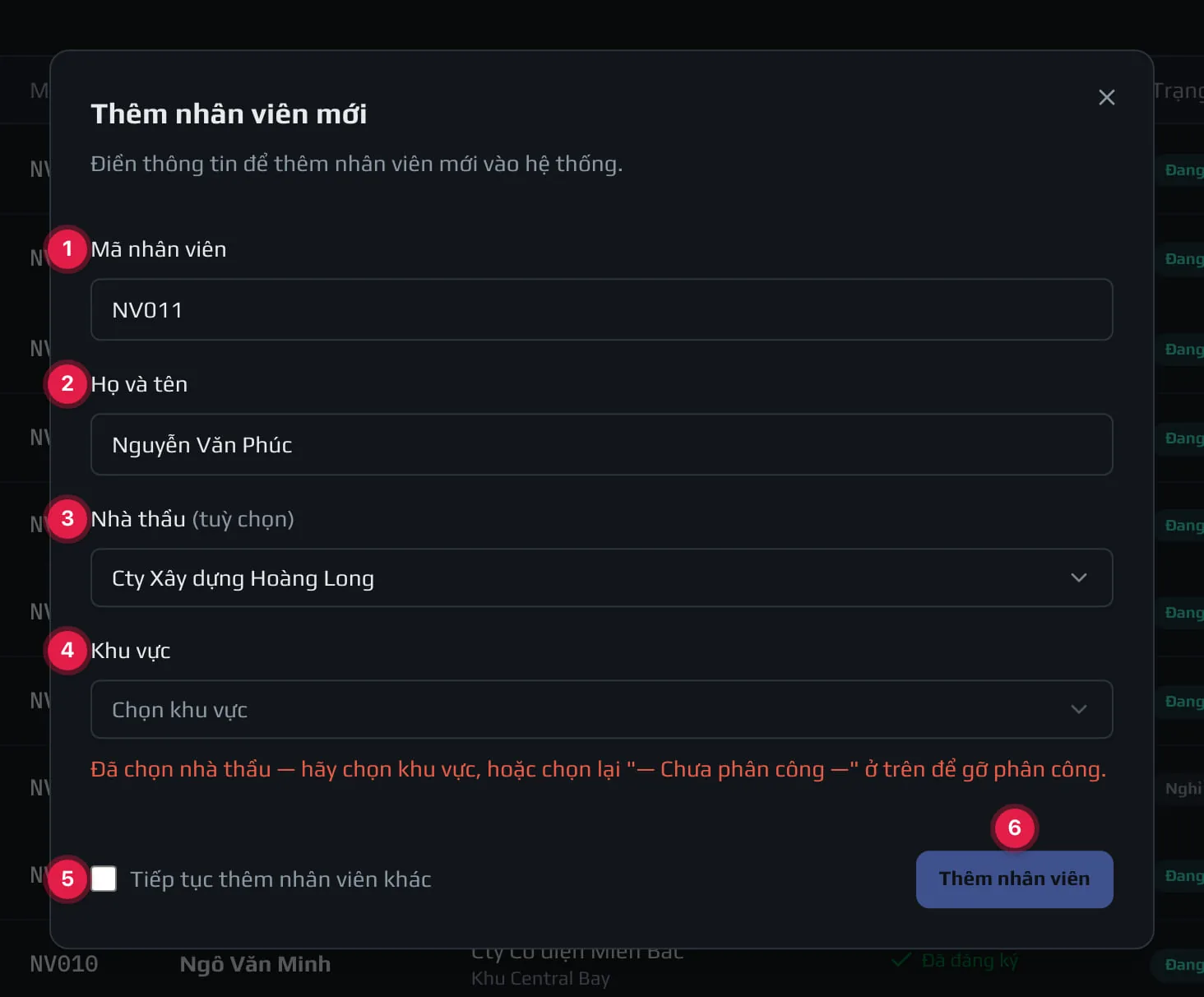 Popup thêm nhân viên