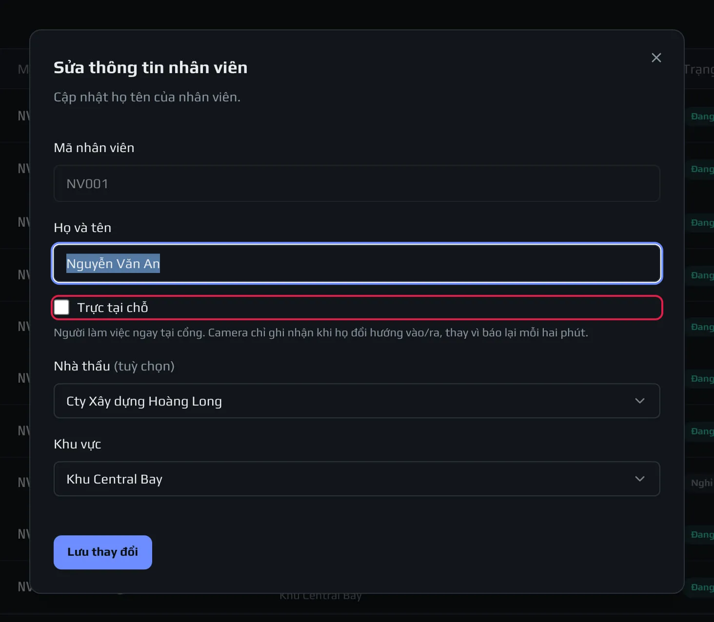 Popup sửa nhân viên