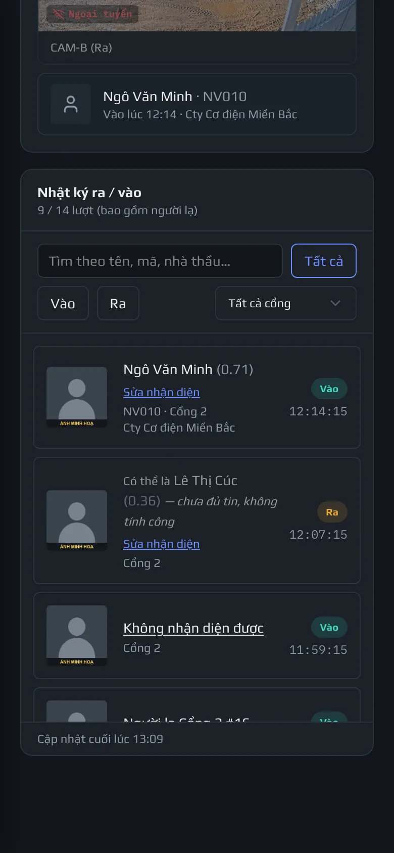 Nhân sự ra vào trên điện thoại, cuối trang